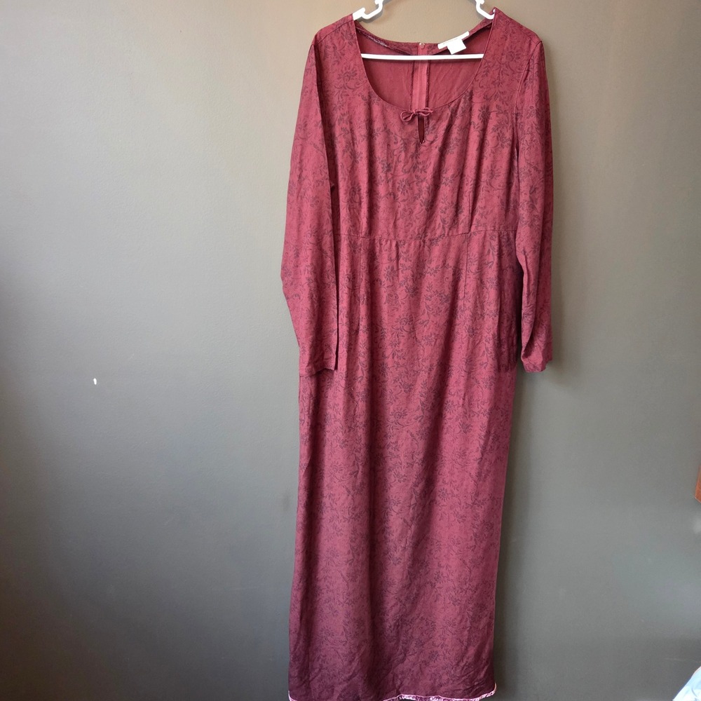 Vintage Eddie Bauer Burgundy Floral Prairie Maxi Dress‎ Long Sleeve Size L Tall